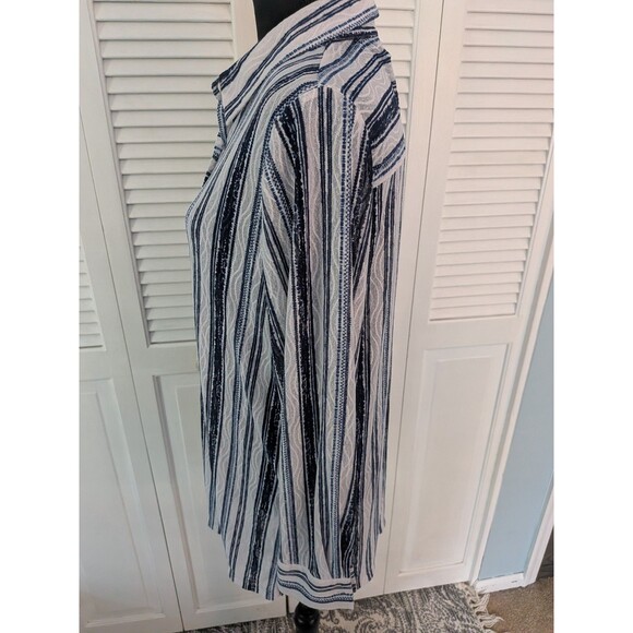 Chicos Travelers Top Womens L/2 Blue Sheer Mesh Button Up Stripe Shirt Coverup - Picture 8 of 13